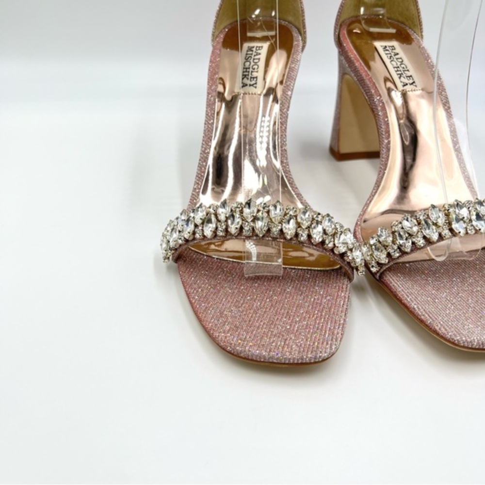 Badgley Mischka Size 8.5 Pink Silver Block‎ Heels Open Toe Dress Sandal Shoes - Picture 4 of 14